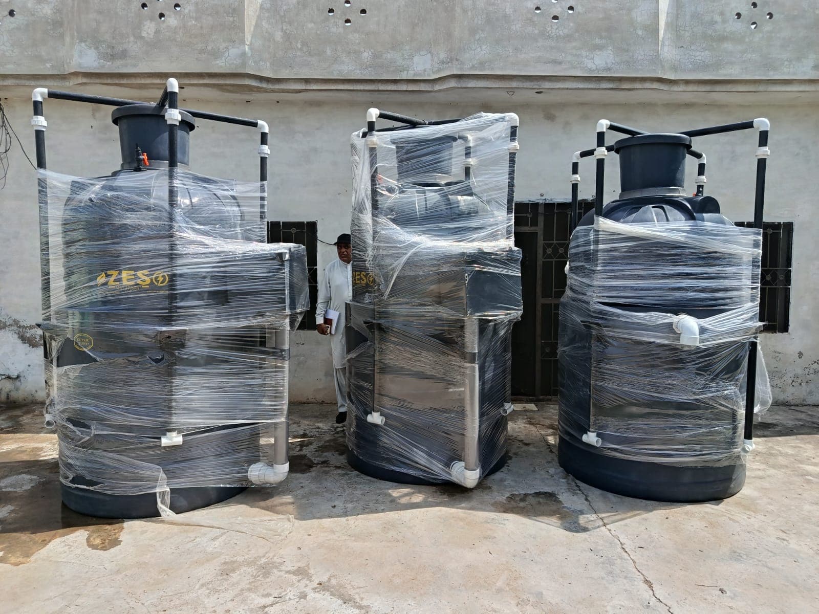 Three completed digesters wrapped and ready for delivery